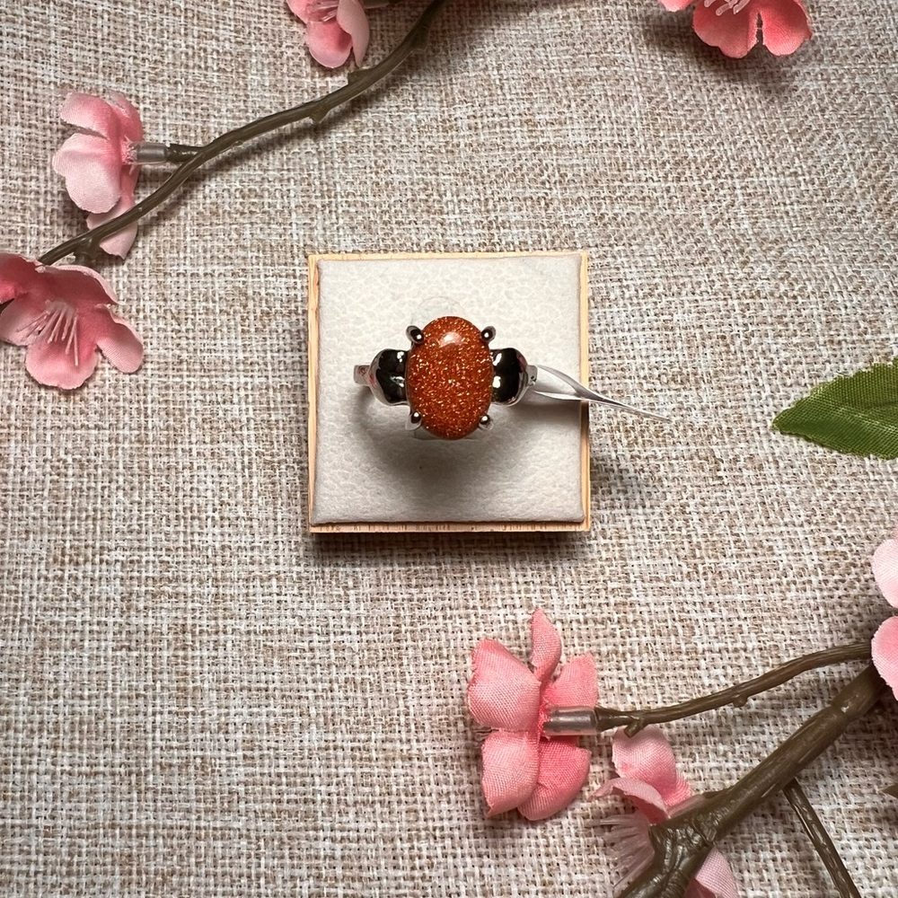 Size 10 | Silver Boho Gemstone Ring – Large Oval Venturina, Chunky Statement